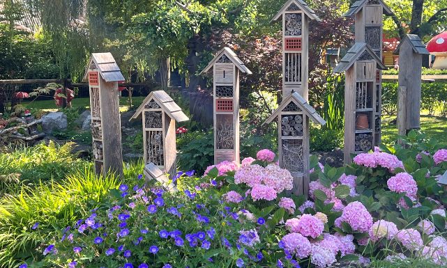 Photo de la Cité des Insectes, présentant les maisonnettes abritant les insectes du parc Bagatelle et les fleurs entourant cette zone