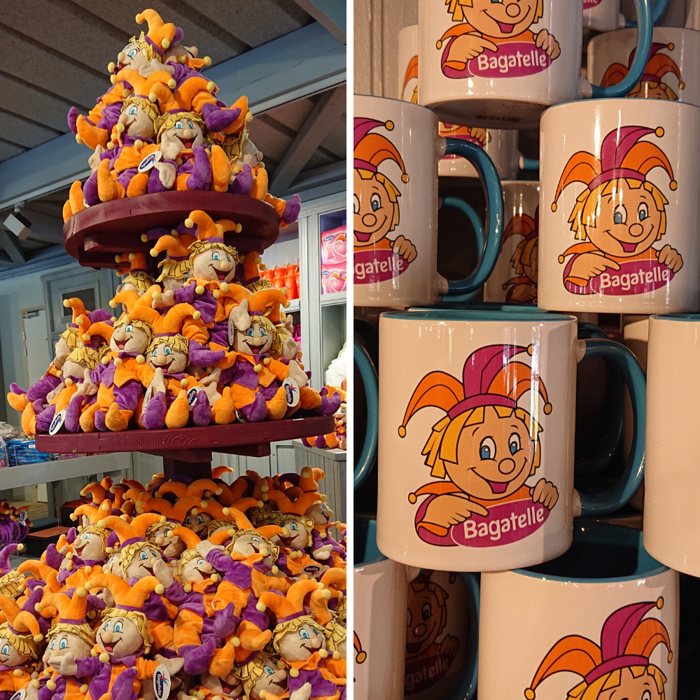 Photo d'une sélection d'articles Baggy disponibles dans nos boutiques avec des peluches et des mugs à l'effigie de la mascotte du parc Bagatelle