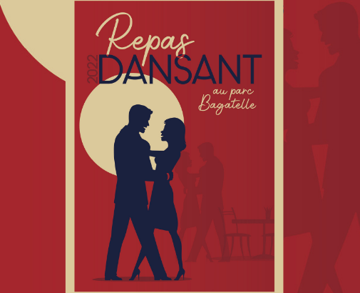 Photo de la couverture de la brochure Repas Dansant du parc Bagatelle avec la silhouette d'un couple dansant sur un fond rouge-bordeaux
